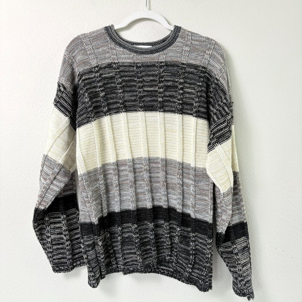 Vintage New Era Sweater Mens Size L Black‎ Gray Tan Pullover Chunky 90's USA